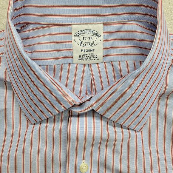 Brooks Brothers Men's Size 17 Long Sleeve Dress Shirt Light Blue Maroon Stripes - Picture 3 of 8